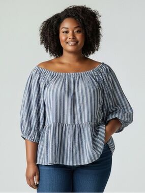 Old Navy Blue and White Striped Puff-Sleeve Blouse